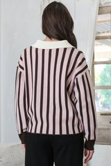Bishop Jumper - Wing Collar Heart Button Detail Stripe Jersey Knit in Pink/Chocolate