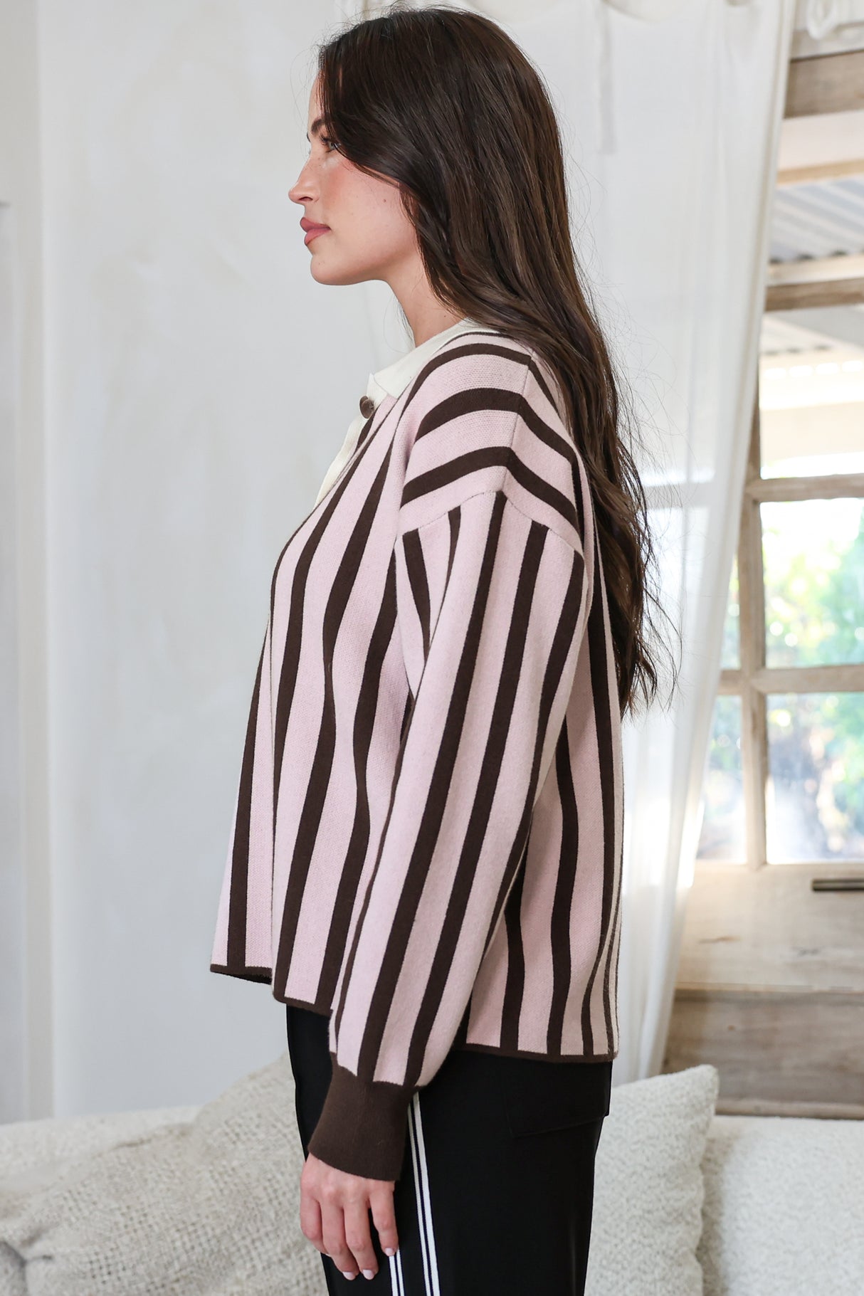 Bishop Jumper - Wing Collar Heart Button Detail Stripe Jersey Knit in Pink/Chocolate