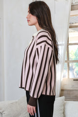 Bishop Jumper - Wing Collar Heart Button Detail Stripe Jersey Knit in Pink/Chocolate