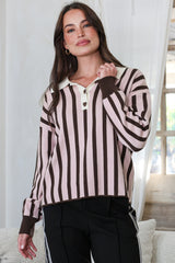 Bishop Jumper - Wing Collar Heart Button Detail Stripe Jersey Knit in Pink/Chocolate