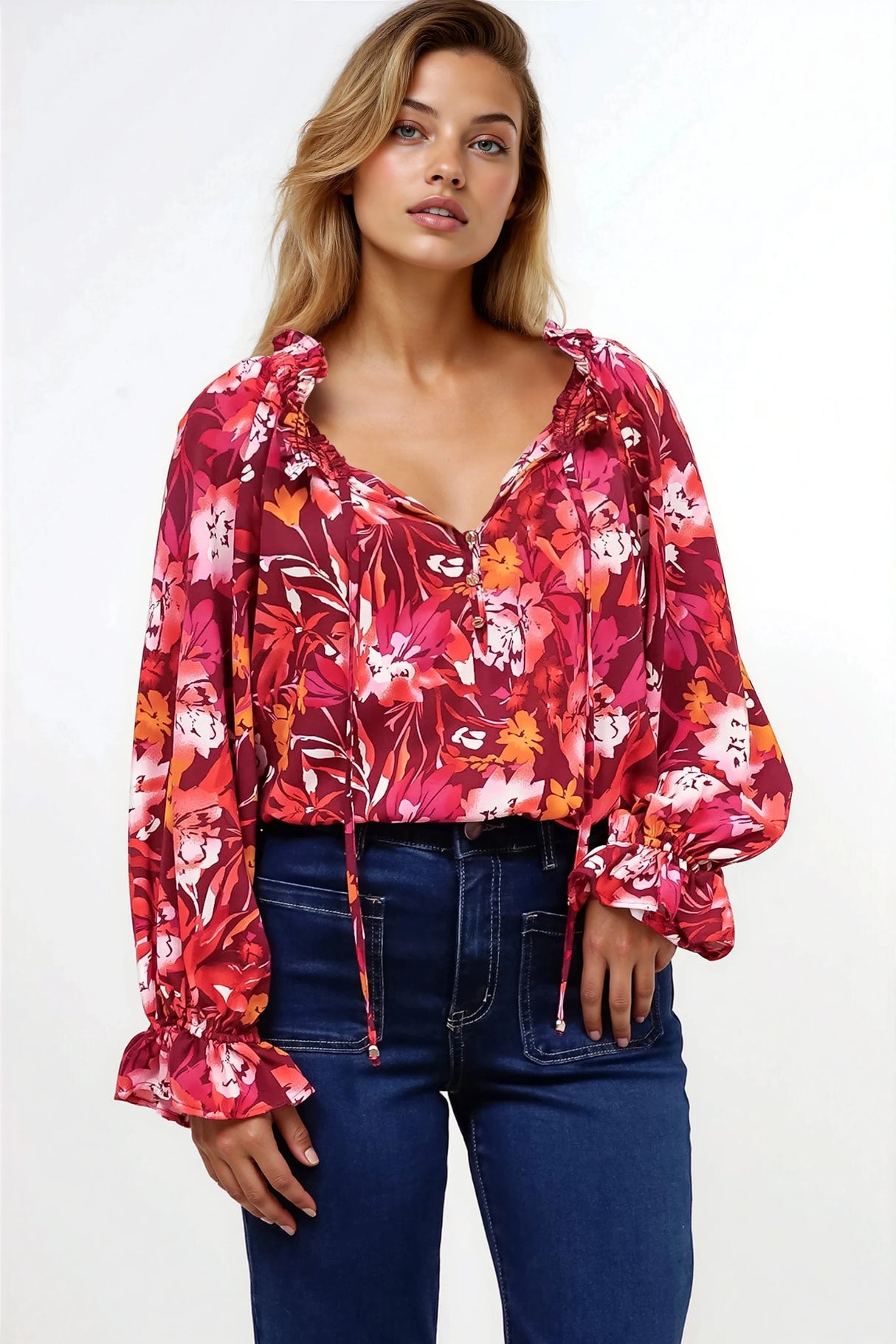Briar Blouse - Frill Collar Pull Over Top with Long Balloon Sleeves in Monroe Print