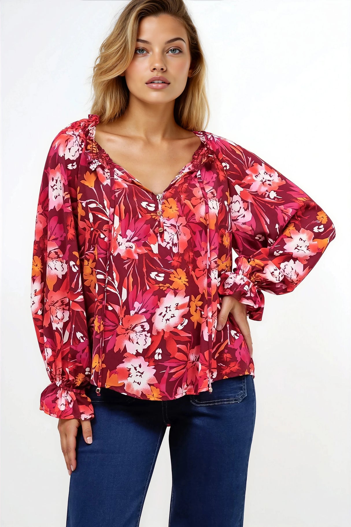 Briar Blouse - Frill Collar Pull Over Top with Long Balloon Sleeves in Monroe Print