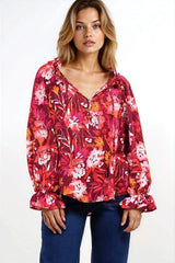 Briar Blouse - Frill Collar Pull Over Top with Long Balloon Sleeves in Monroe Print
