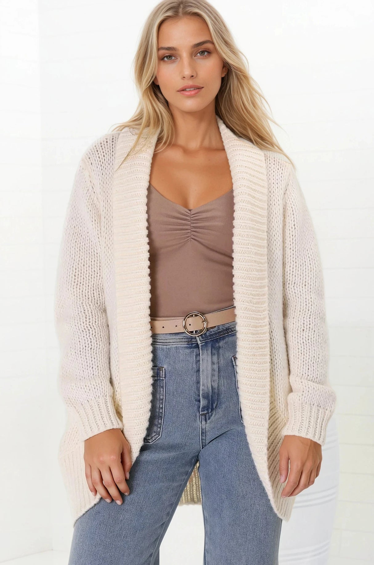 Blair Cardigan - Chunky Open Front Knit Cardigan with Pockets in Cream
