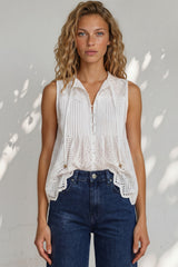 Blakely Top - Sleeveless Cotton Eyelet Detailed Scallop Hem Top in White