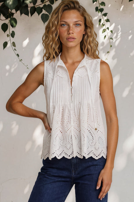 Blakely Top - Sleeveless Cotton Eyelet Detailed Scallop Hem Top in White