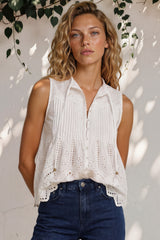 Blakely Top - Sleeveless Cotton Eyelet Detailed Scallop Hem Top in White