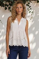 Blakely Top - Sleeveless Cotton Eyelet Detailed Scallop Hem Top in White