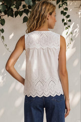 Blakely Top - Sleeveless Cotton Eyelet Detailed Scallop Hem Top in White