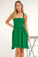 Bliss Mini Dress - Square Neckline Tiered Sun Dress in Green