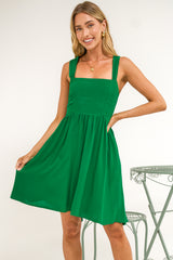 Bliss Mini Dress - Square Neckline Tiered Sun Dress in Green