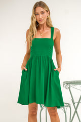 Bliss Mini Dress - Square Neckline Tiered Sun Dress in Green