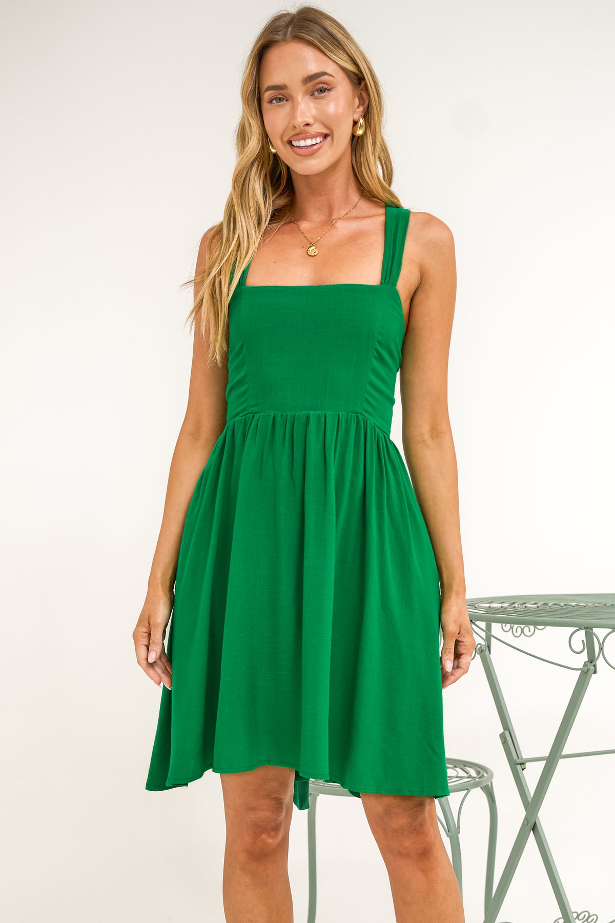 Bliss Mini Dress - Square Neckline Tiered Sun Dress in Green