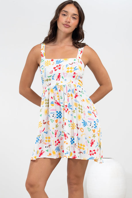 Bliss Mini Dress - Square Neckline Tiered Sun Dress in Soliel Print