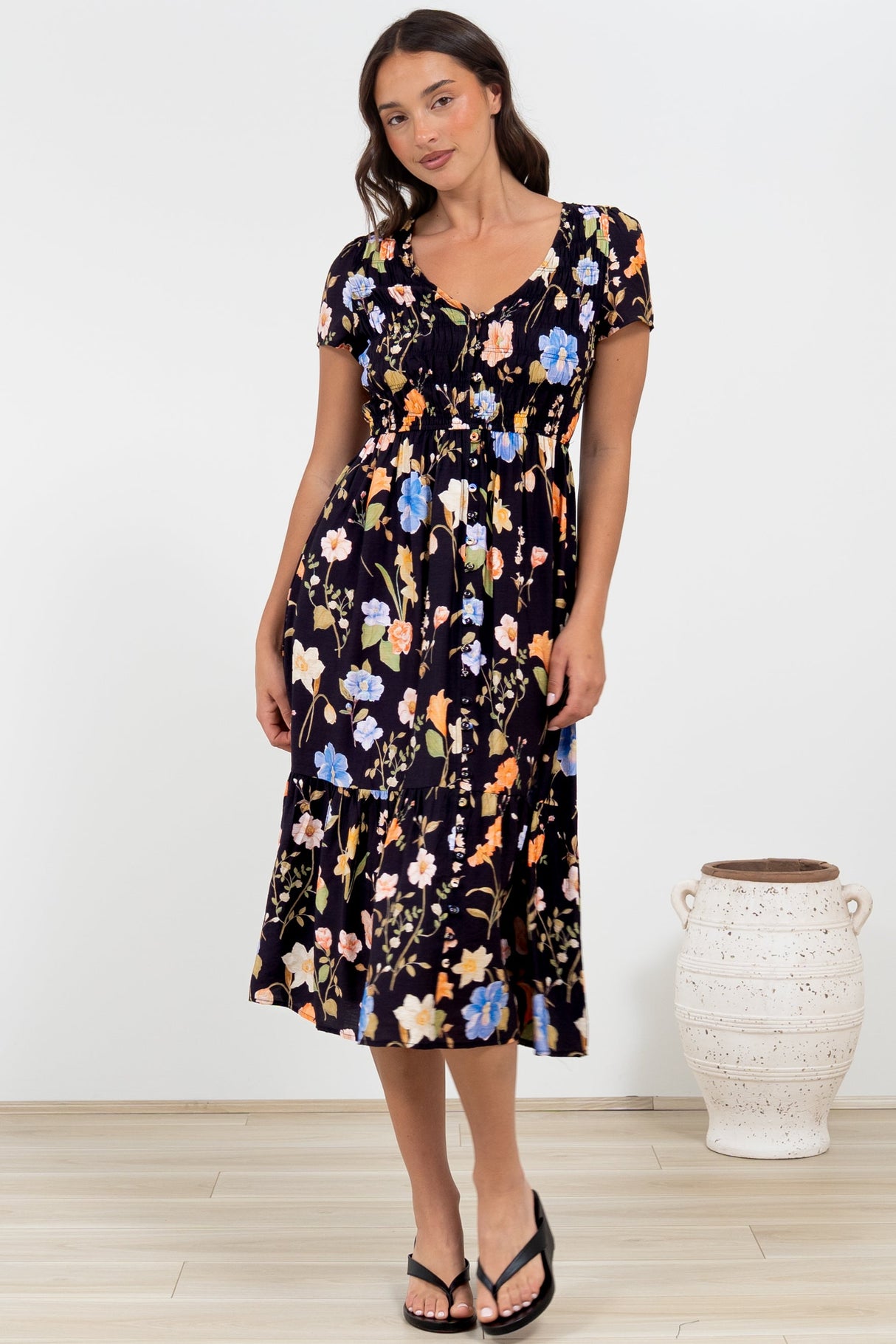 Blissful Midi Dress - A-Line Dress with Shirred Bodice and Short Sleeves in Talita Print Black