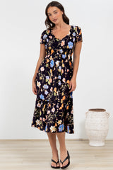 Blissful Midi Dress - A-Line Dress with Shirred Bodice and Short Sleeves in Talita Print Black