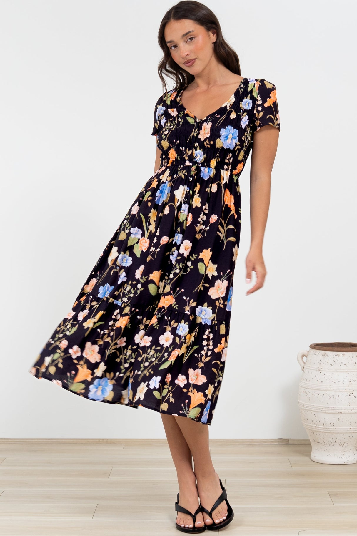 Blissful Midi Dress - A-Line Dress with Shirred Bodice and Short Sleeves in Talita Print Black