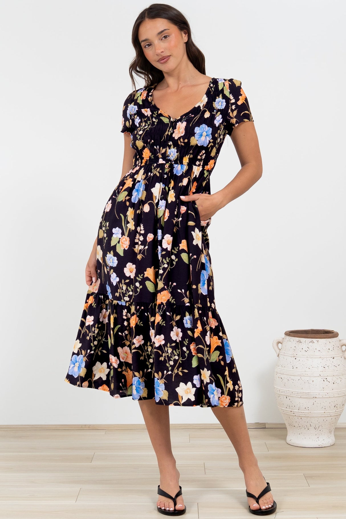 Blissful Midi Dress - A-Line Dress with Shirred Bodice and Short Sleeves in Talita Print Black