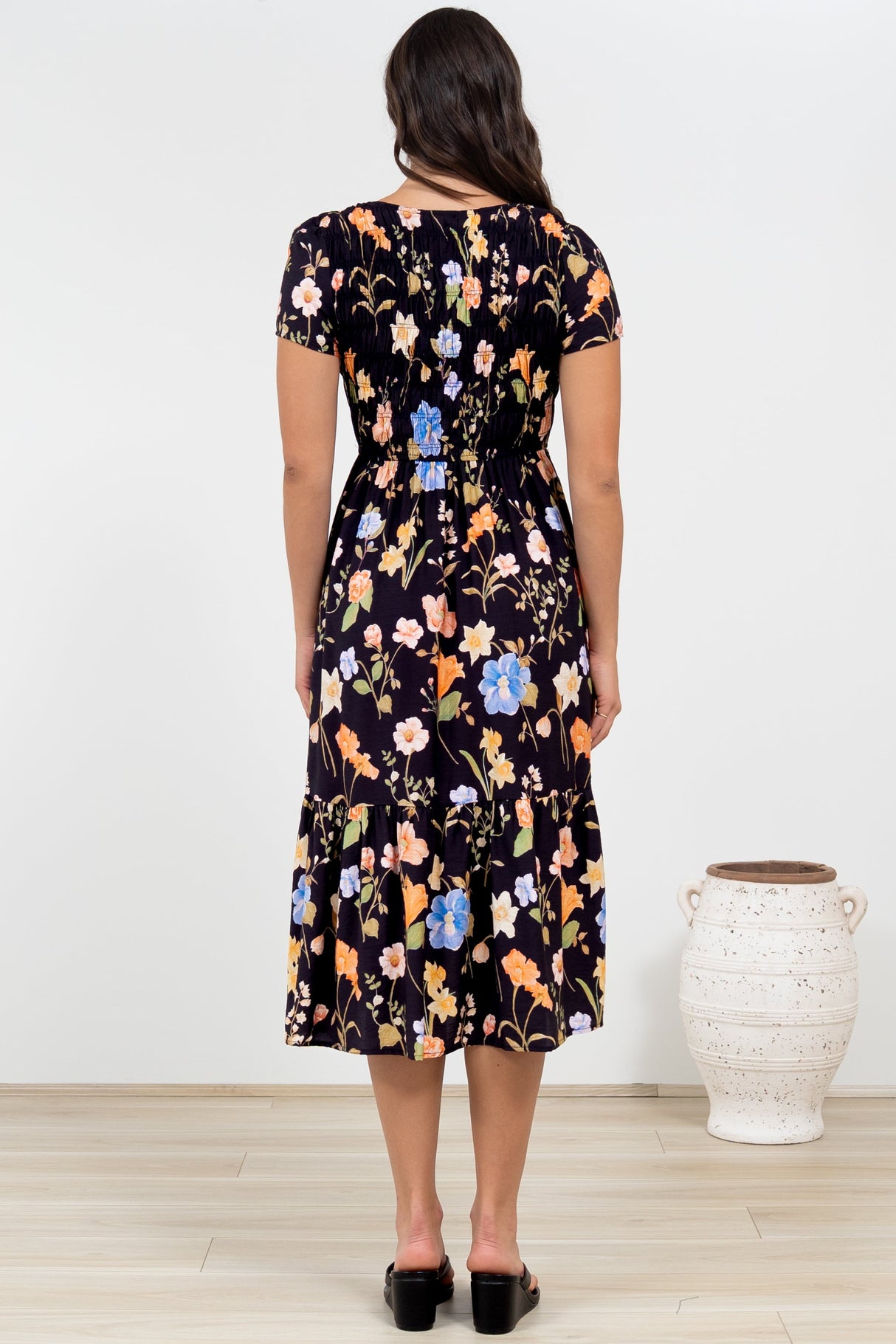 Blissful Midi Dress - A-Line Dress with Shirred Bodice and Short Sleeves in Talita Print Black