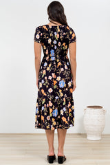 Blissful Midi Dress - A-Line Dress with Shirred Bodice and Short Sleeves in Talita Print Black