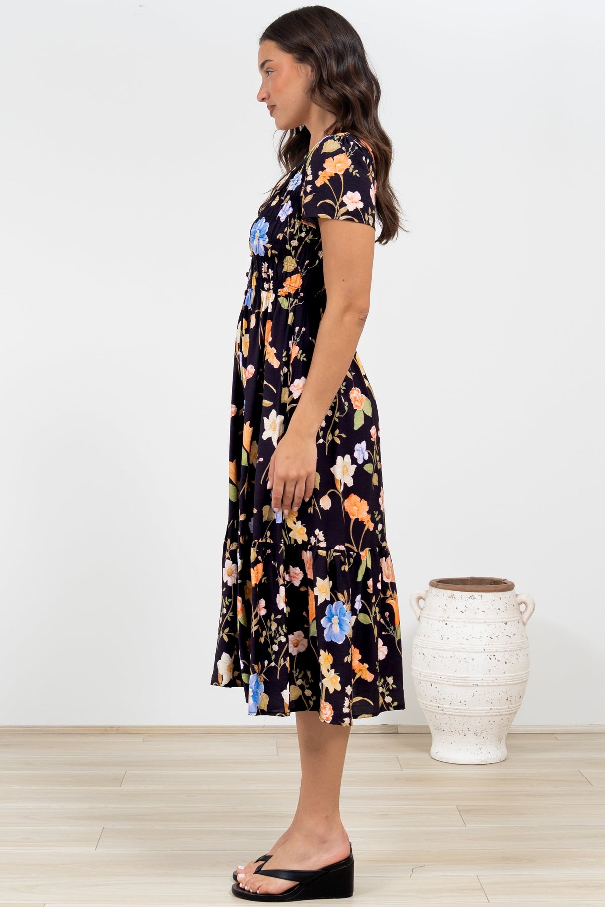 Blissful Midi Dress - A-Line Dress with Shirred Bodice and Short Sleeves in Talita Print Black