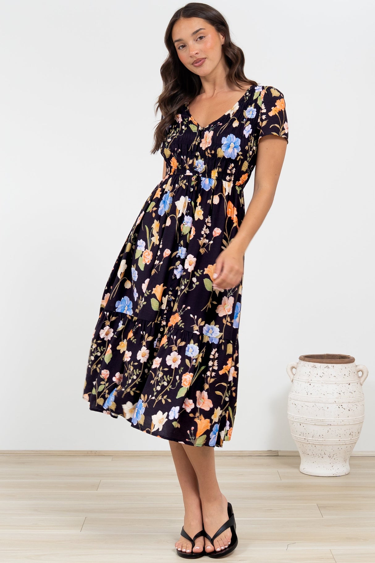Blissful Midi Dress - A-Line Dress with Shirred Bodice and Short Sleeves in Talita Print Black