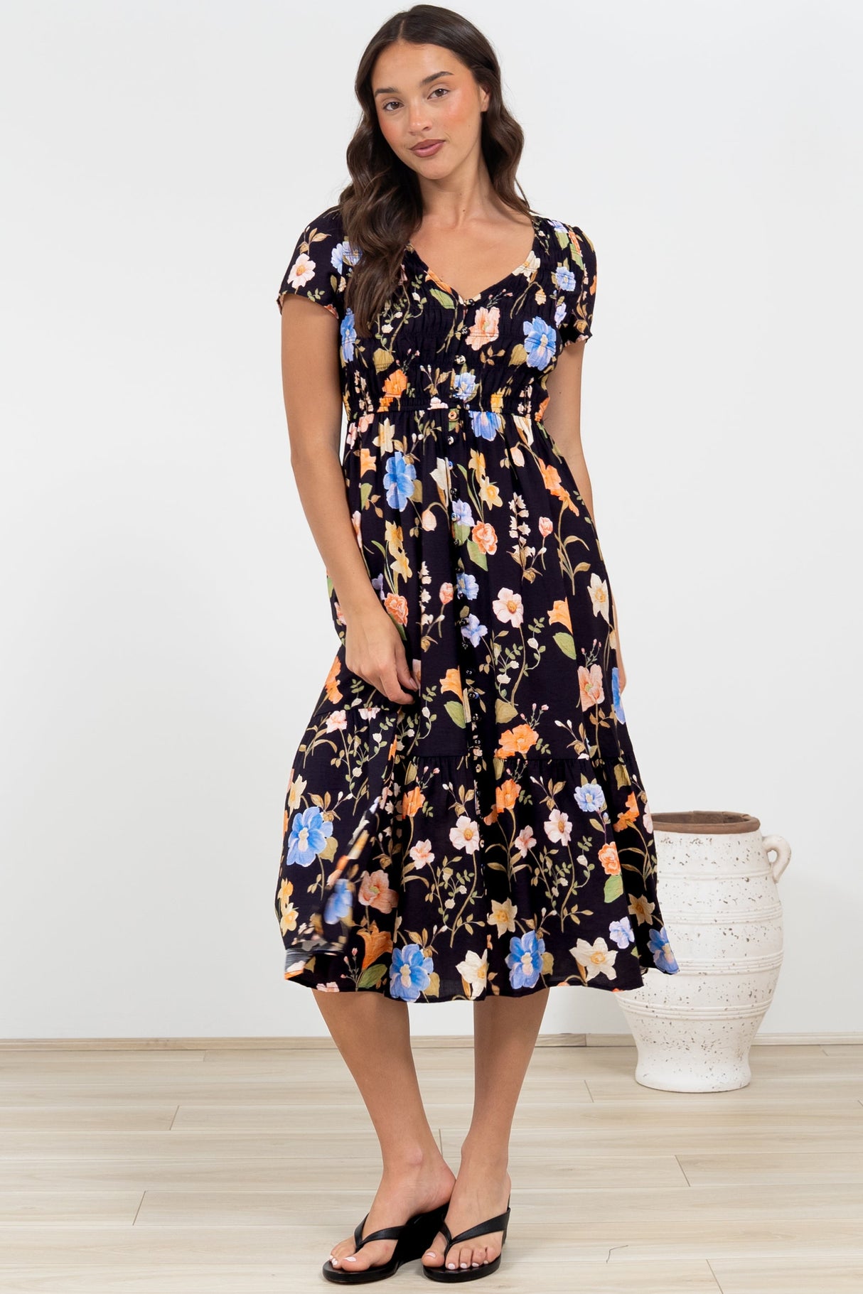 Blissful Midi Dress - A-Line Dress with Shirred Bodice and Short Sleeves in Talita Print Black