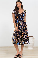 Blissful Midi Dress - A-Line Dress with Shirred Bodice and Short Sleeves in Talita Print Black