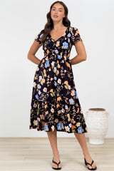 Blissful Midi Dress - A-Line Dress with Shirred Bodice and Short Sleeves in Talita Print Black