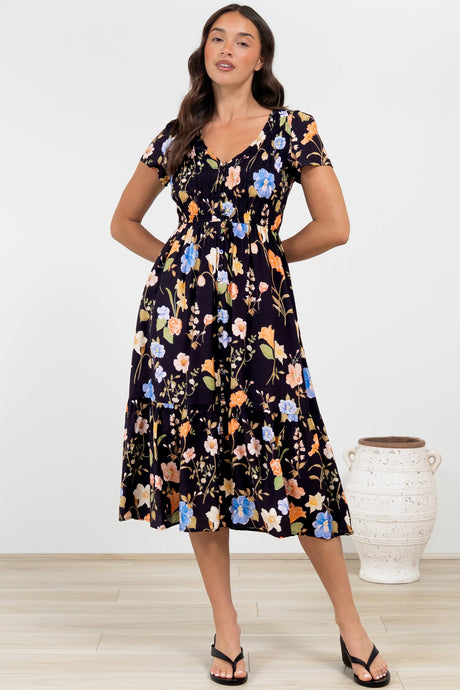Blissful Midi Dress - A-Line Dress with Shirred Bodice and Short Sleeves in Talita Print Black