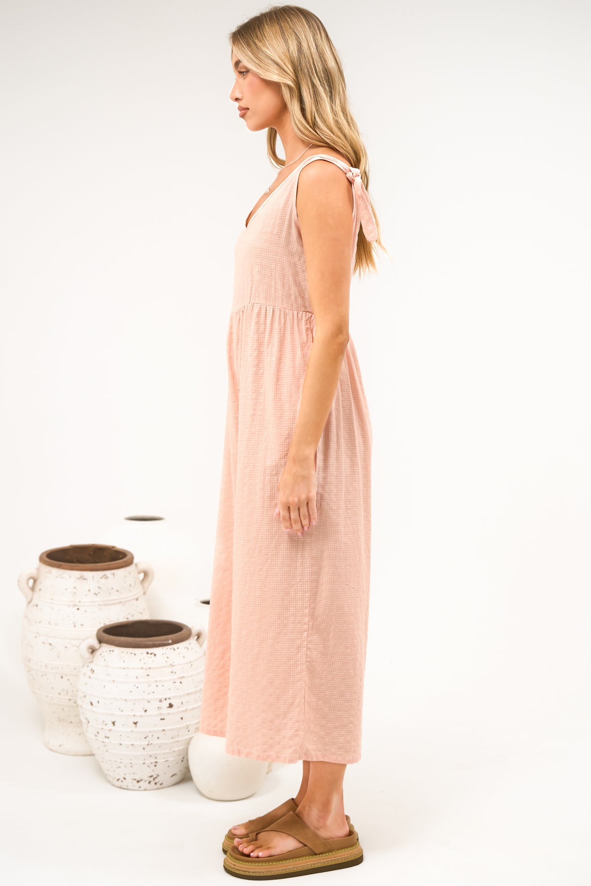 Blossie Jumpsuit - Square Neck Cropped Jumpsuit with Tie Shoulder Straps in Coral Gingham