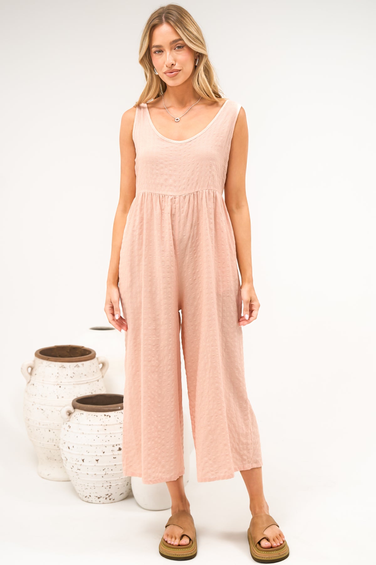 Blossie Jumpsuit - Square Neck Cropped Jumpsuit with Tie Shoulder Straps in Coral Gingham
