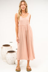 Blossie Jumpsuit - Square Neck Cropped Jumpsuit with Tie Shoulder Straps in Coral Gingham