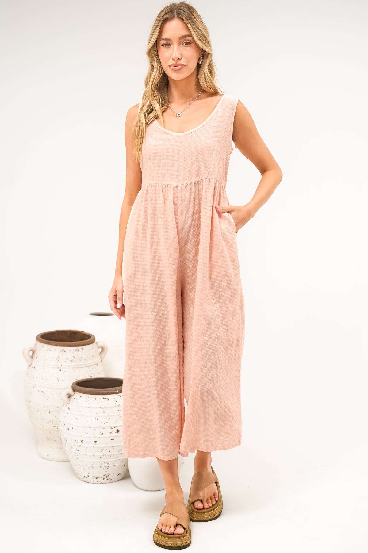 Blossie Jumpsuit - Square Neck Cropped Jumpsuit with Tie Shoulder Straps in Coral Gingham