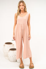 Blossie Jumpsuit - Square Neck Cropped Jumpsuit with Tie Shoulder Straps in Coral Gingham