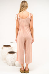 Blossie Jumpsuit - Square Neck Cropped Jumpsuit with Tie Shoulder Straps in Coral Gingham