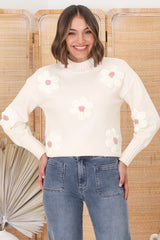 Blossom Jumper - Wool Blend Flower Decal Jumper in Beige