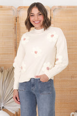 Blossom Jumper - Wool Blend Flower Decal Jumper in Beige