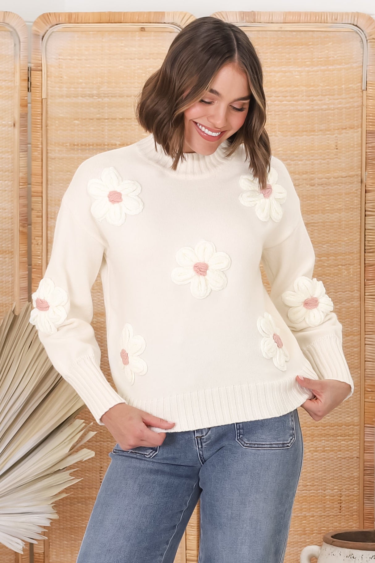 Blossom Jumper - Wool Blend Flower Decal Jumper in Beige