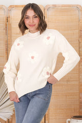 Blossom Jumper - Wool Blend Flower Decal Jumper in Beige