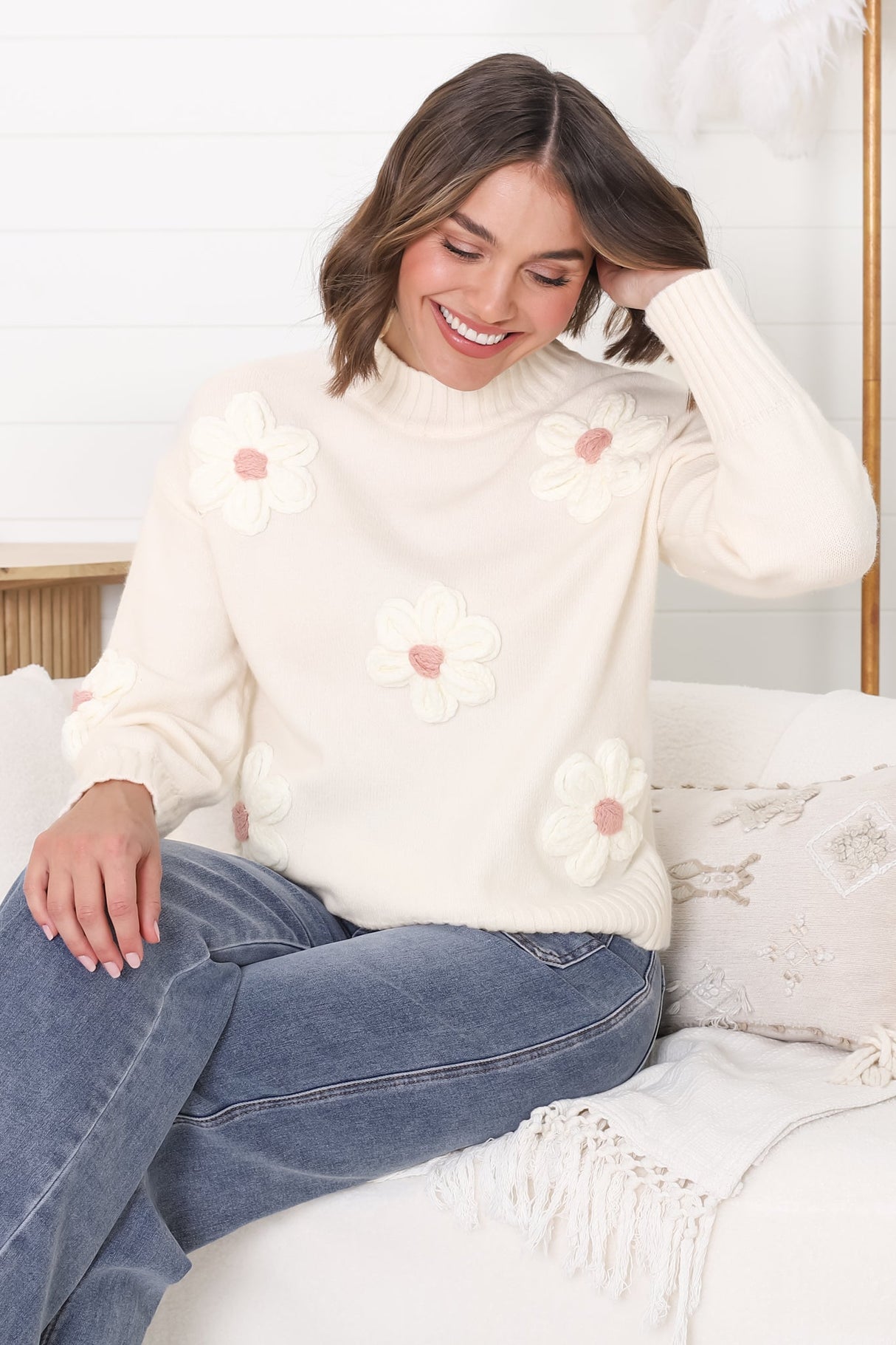 Blossom Jumper - Wool Blend Flower Decal Jumper in Beige