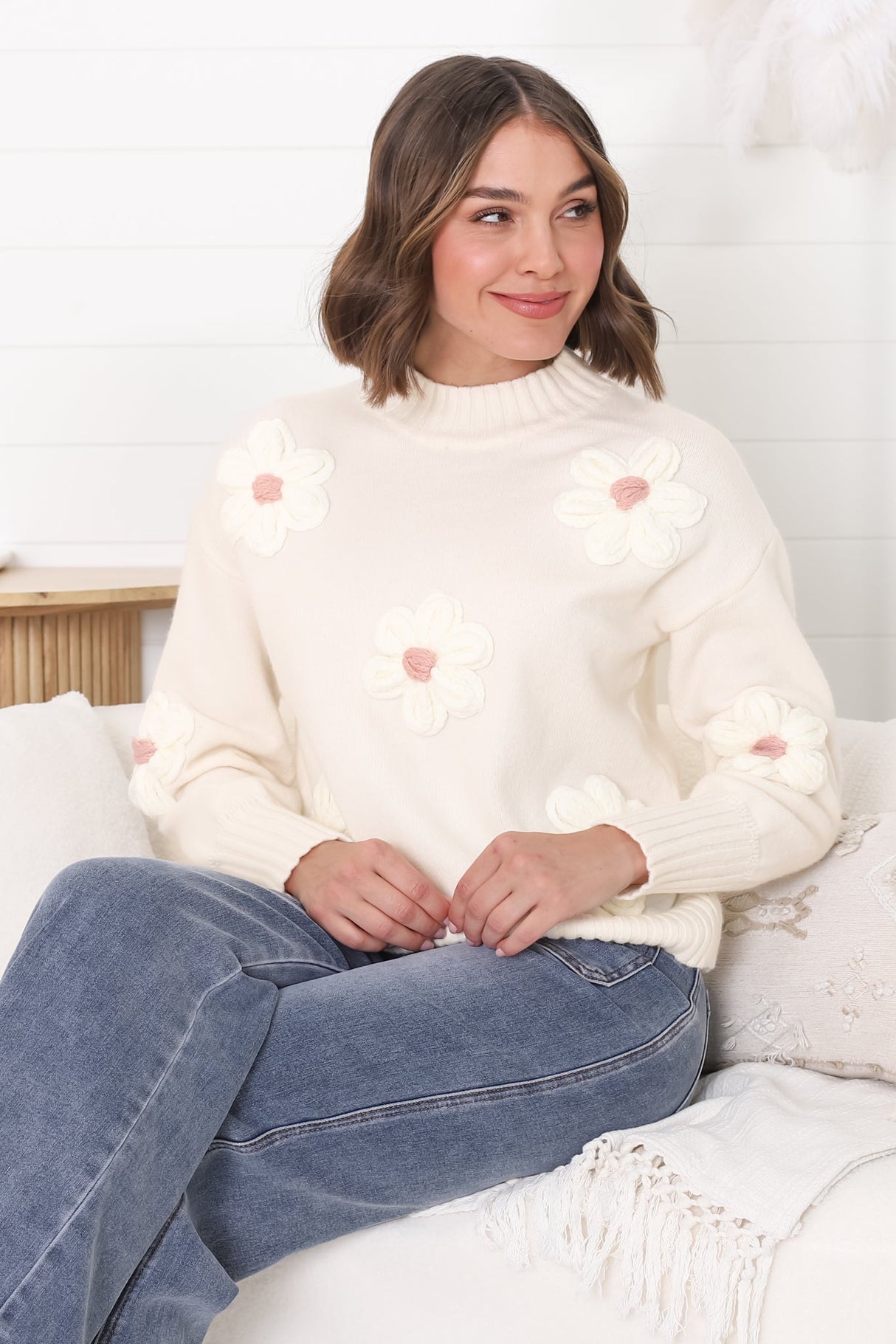 Blossom Jumper - Wool Blend Flower Decal Jumper in Beige