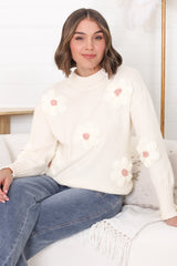 Blossom Jumper - Wool Blend Flower Decal Jumper in Beige