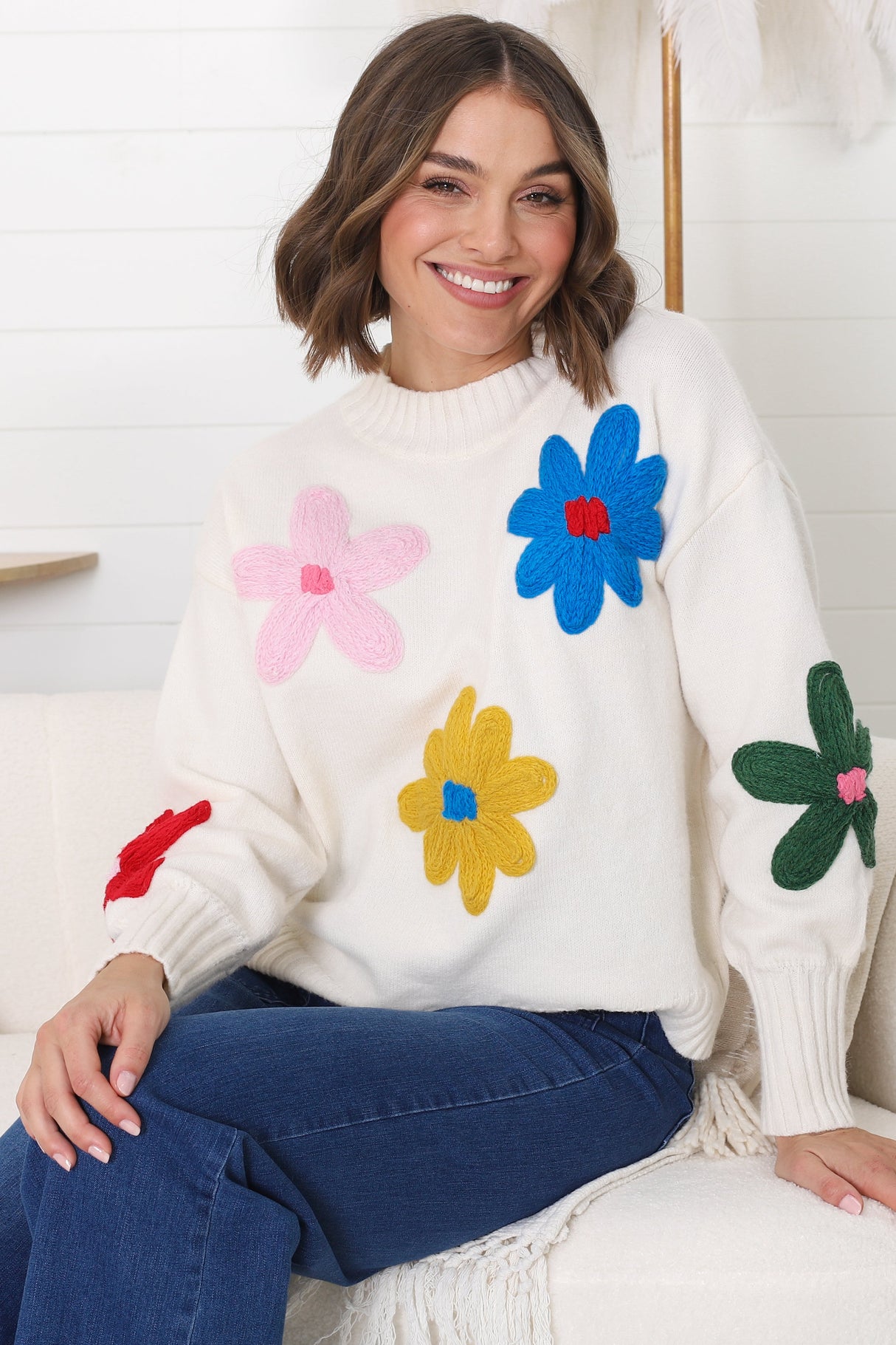 Blossom Jumper - Wool Blend Flower Decal Jumper in Multi-Colored