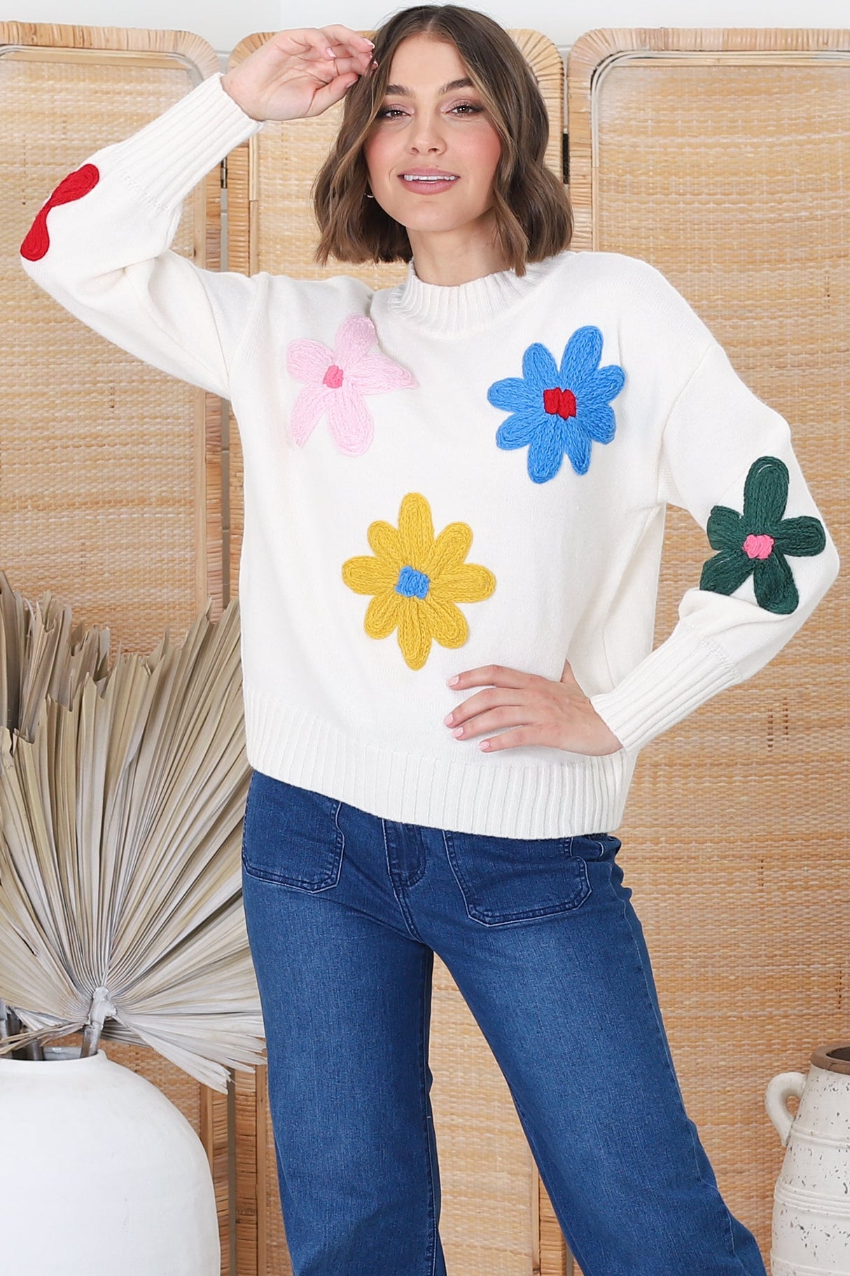 Blossom Jumper - Wool Blend Flower Decal Jumper in Multi-Coloured