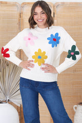 Blossom Jumper - Wool Blend Flower Decal Jumper in Multi-Colored