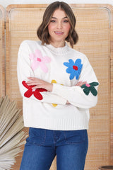 Blossom Jumper - Wool Blend Flower Decal Jumper in Multi-Coloured