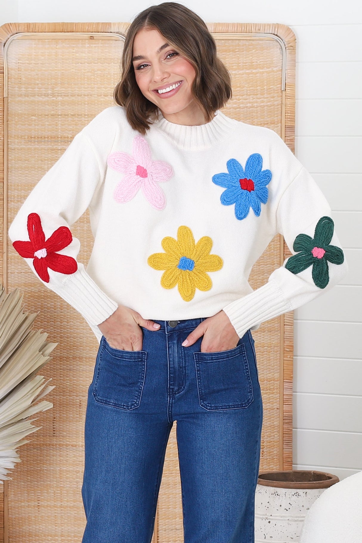 Blossom Jumper - Wool Blend Flower Decal Jumper in Multi-Colored