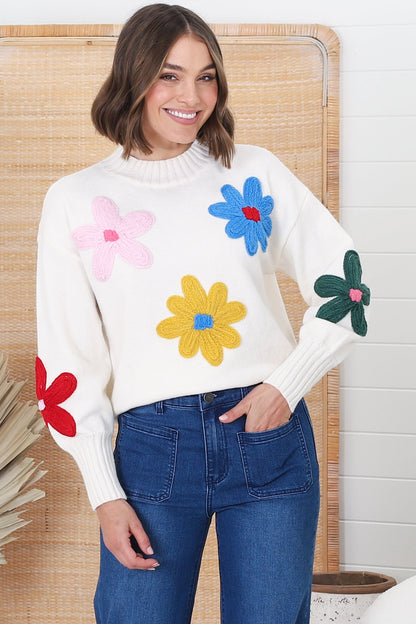 Blossom Jumper - Wool Blend Flower Decal Jumper in Multi-Coloured