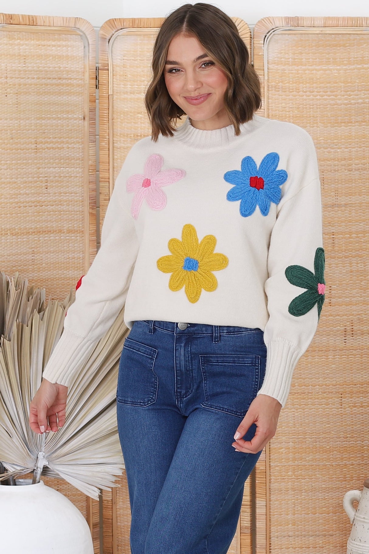 Blossom Jumper - Wool Blend Flower Decal Jumper in Multi-Colored